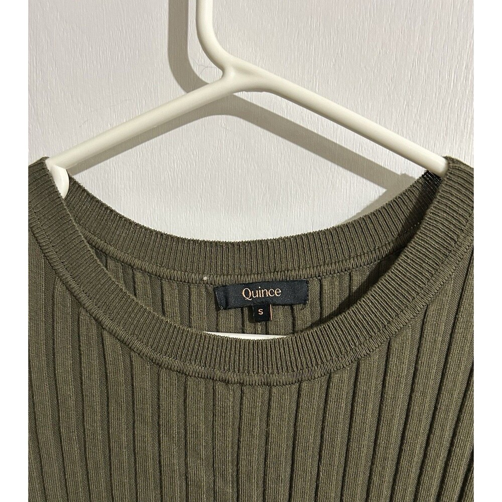 Quince Classy Olive Ribbed Knit Crew Neck Long Sleeve Midi Dress Size S - Picture 3 of 7